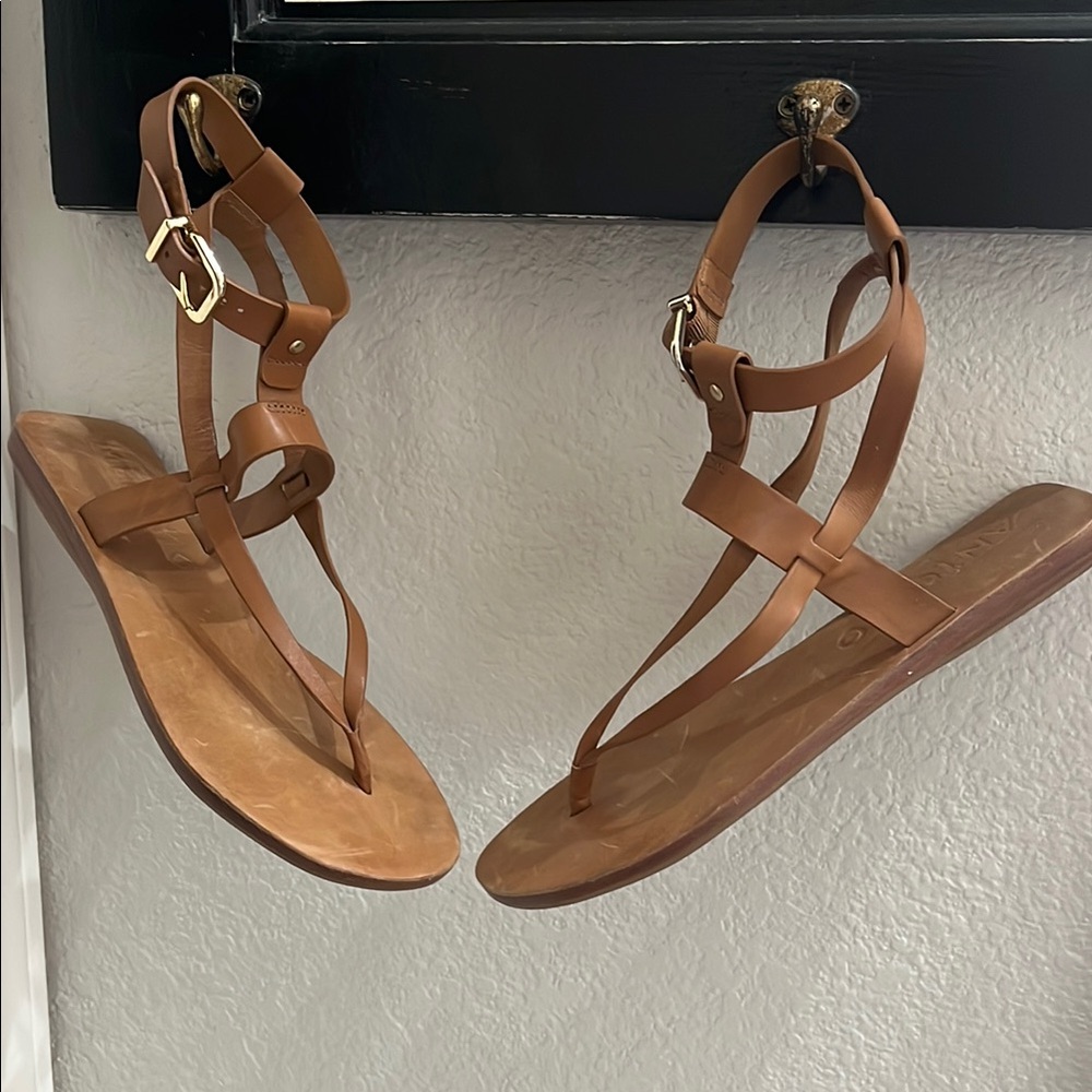 Antonio Milani “Ledger”Tan Leather Sandals with T-Strap Design
